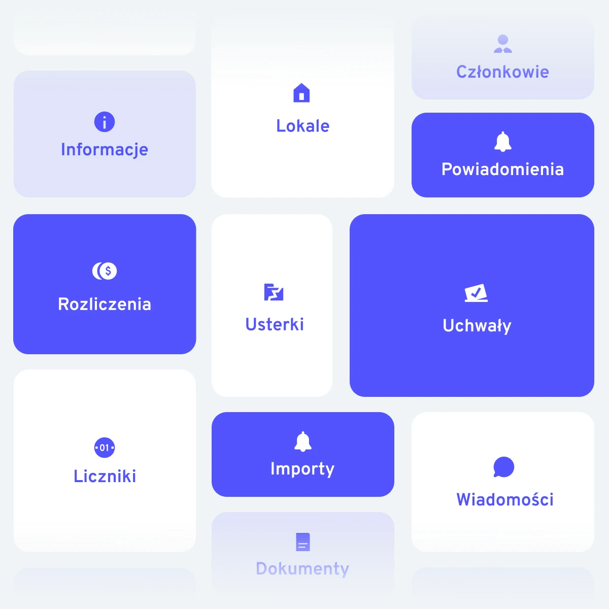 Moduły nieruchomości w Manage: lokale, członkowie, rozliczenia, usterki, uchwały, liczniki, importy i powiadomienia.