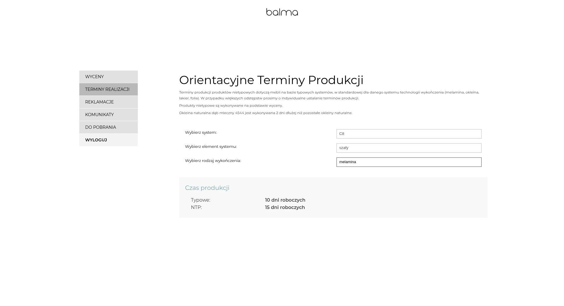 Orientacyjne terminy produkcji dla wybranego systemu, elementu i wykończenia: typowe i NTP.