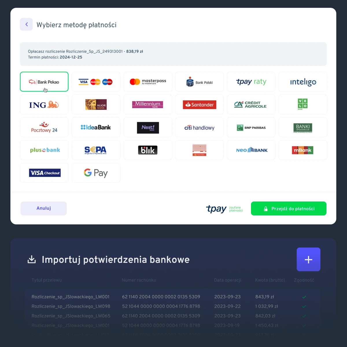 Wybór metody płatności w bramce Tpay oraz import potwierdzeń bankowych.
