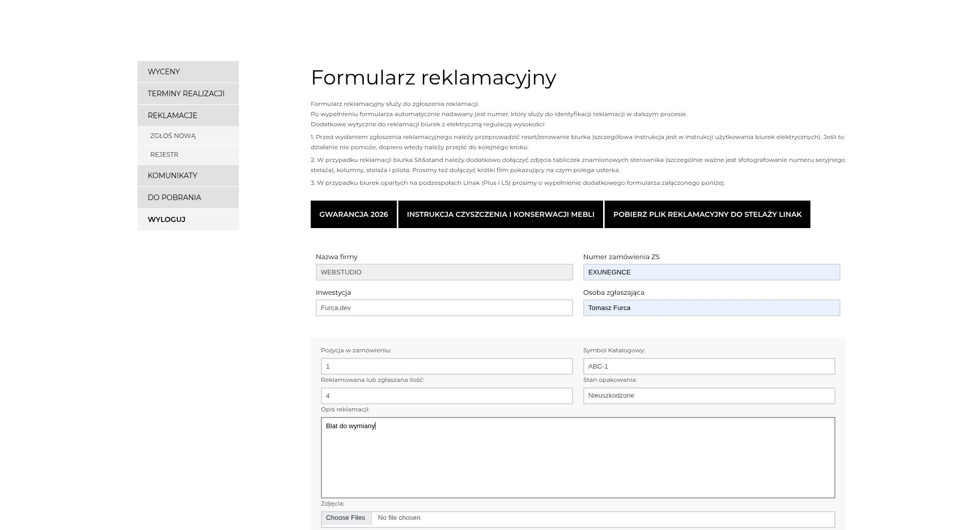 Formularz reklamacyjny z numerem zamówienia, pozycją, ilością, opisem i zdjęciami.