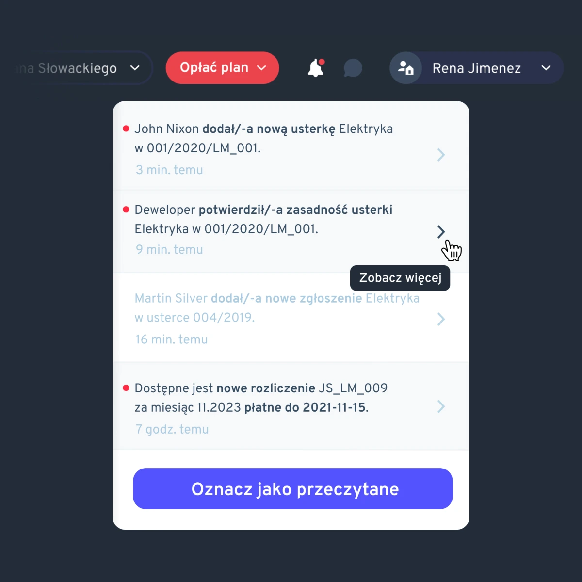 Lista powiadomień o nowych usterkach i rozliczeniach.