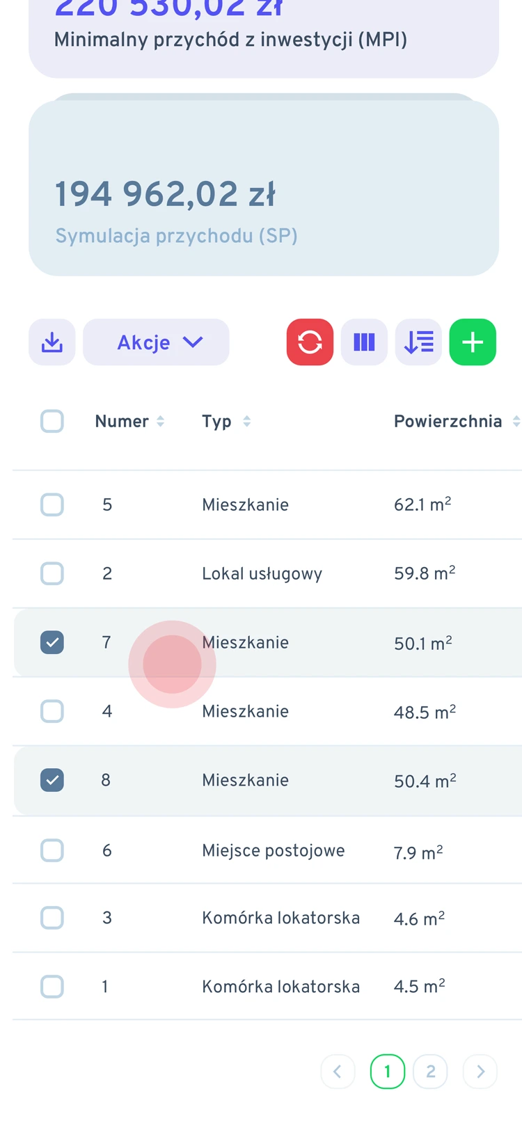 Lista lokali w aplikacji mobilnej z typem i powierzchnią.