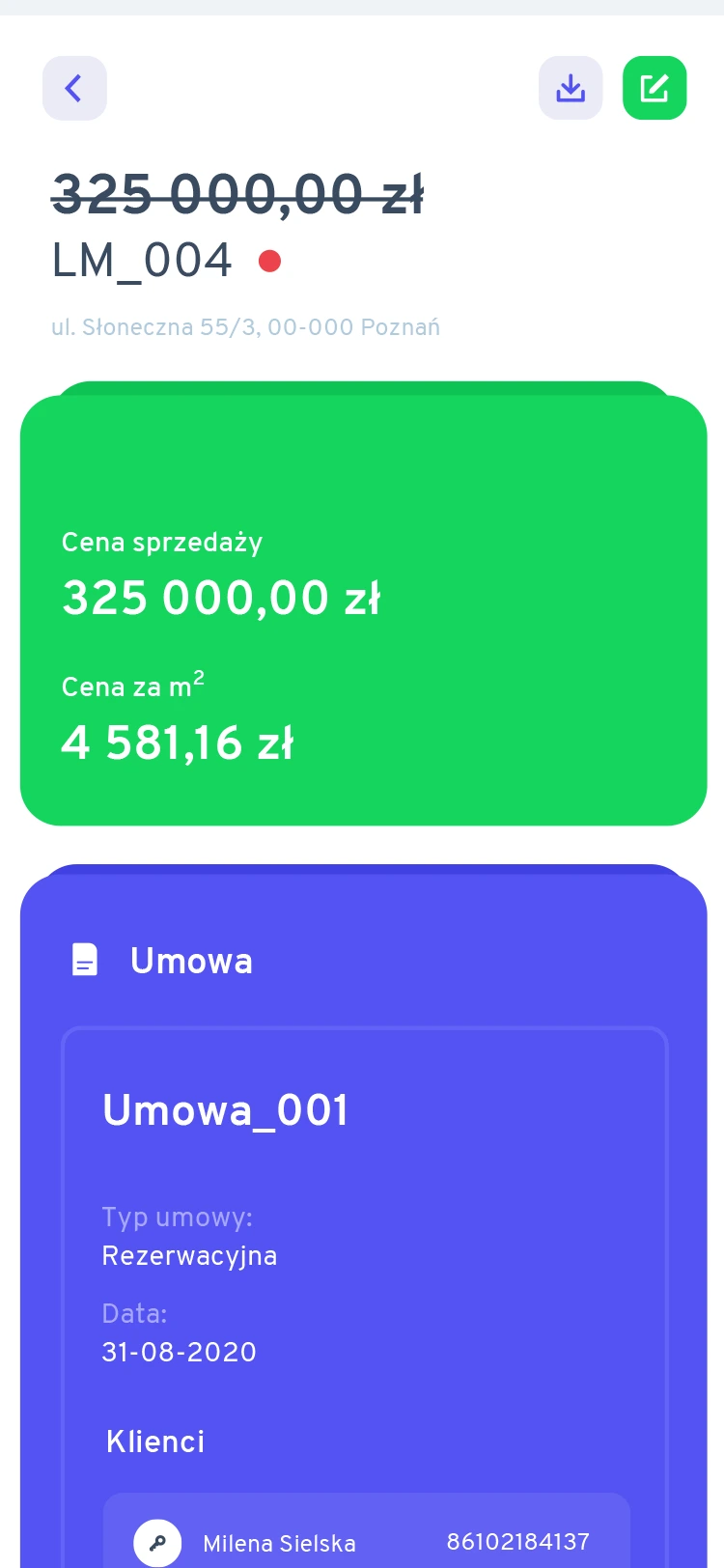 Karta lokalu z ceną sprzedaży, ceną za metr i umową rezerwacyjną.