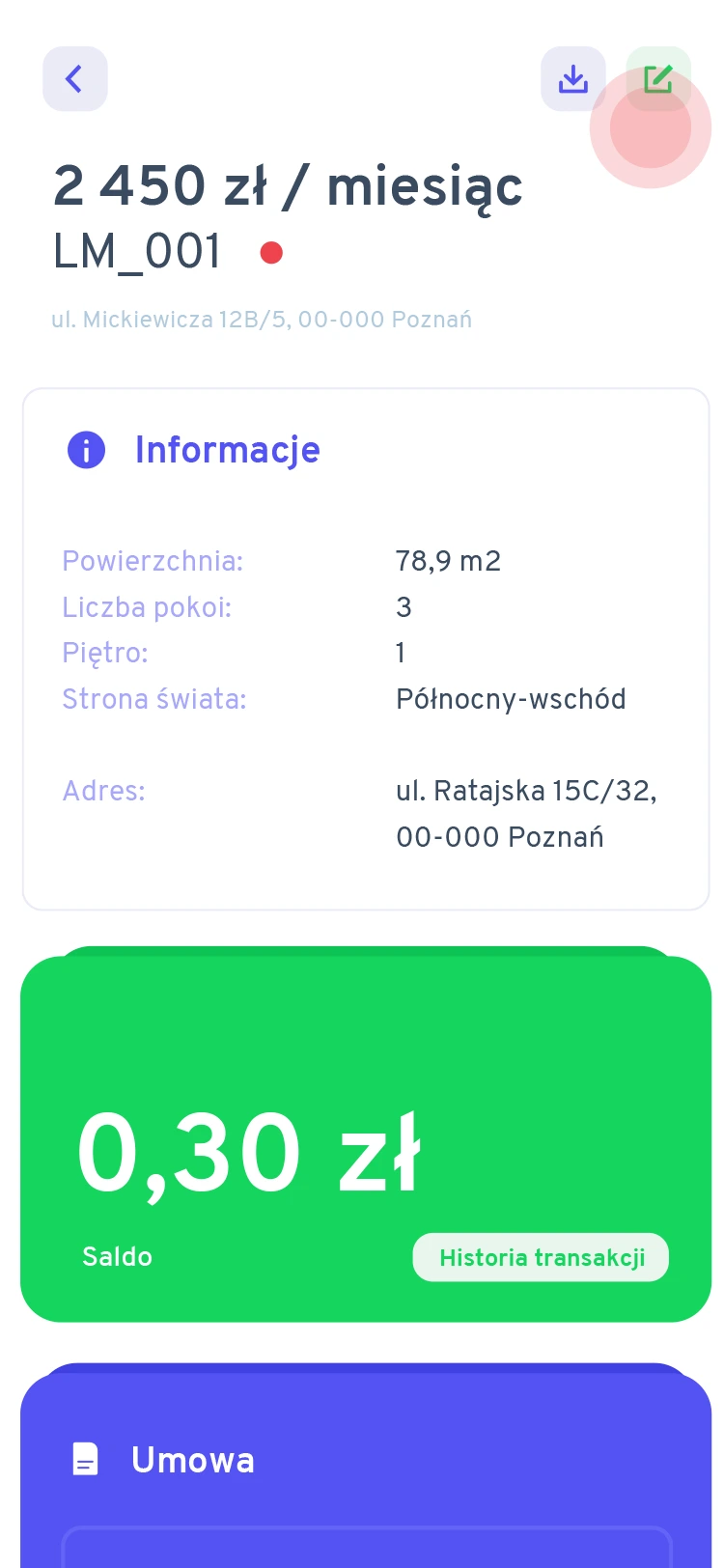 Lokal na wynajem z miesięcznym czynszem, informacjami o lokalu i saldem.