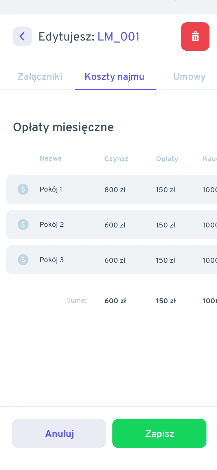 Edycja kosztów najmu: opłaty miesięczne za poszczególne pokoje.