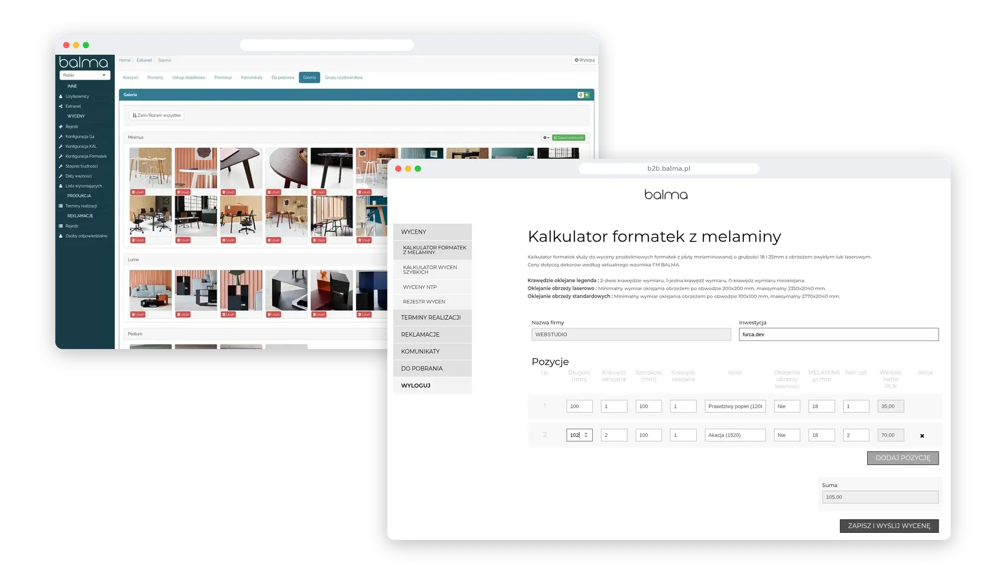 Balma ERP: the admin panel with the product gallery, with the B2B customer portal and its melamine panel calculator in front.