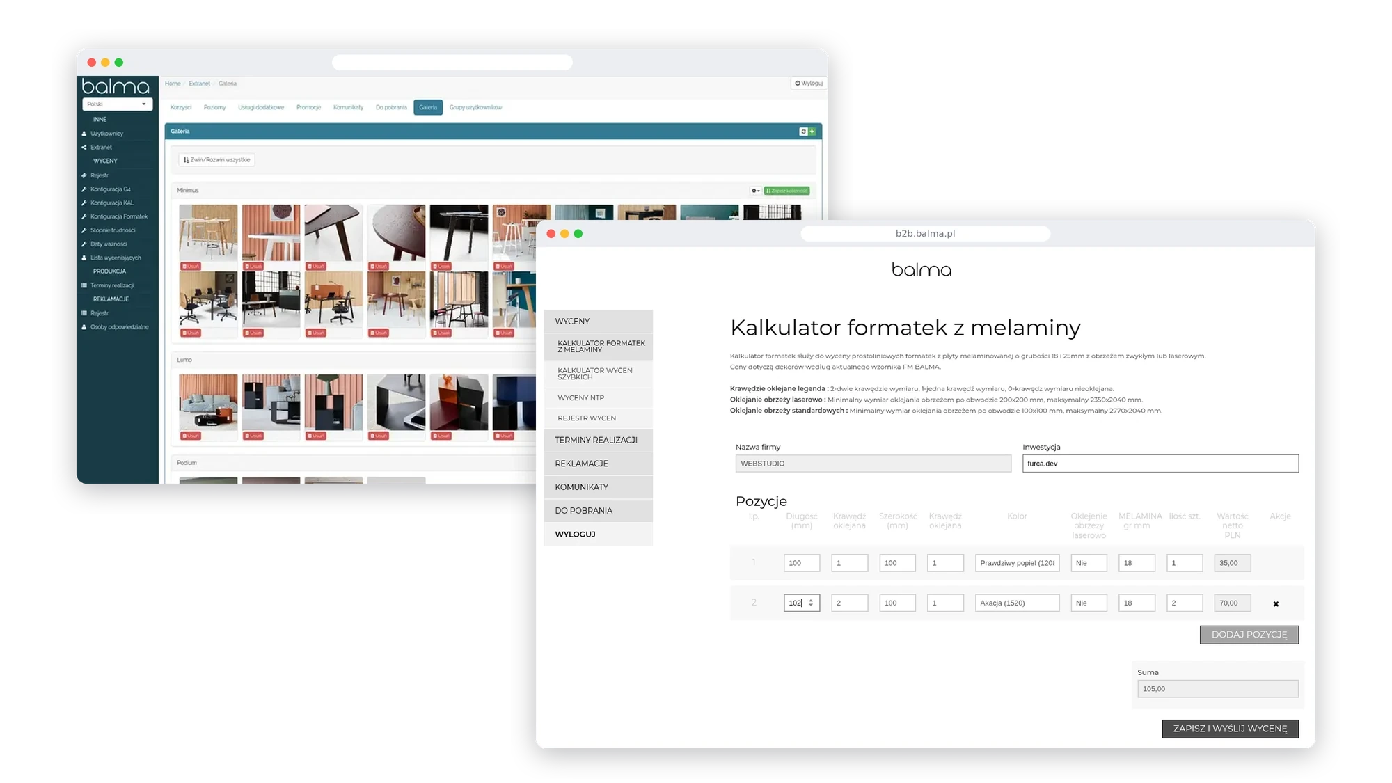 Balma ERP: panel administracyjny z galerią produktów, a przed nim portal klienta B2B z kalkulatorem formatek z melaminy.