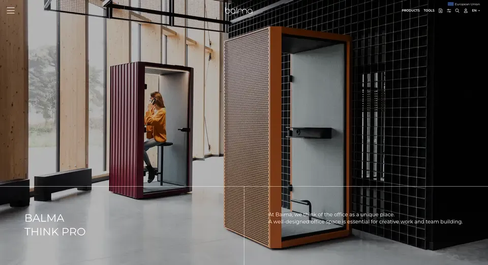 Balma manufacturer website with a photograph of an office interior and furniture.