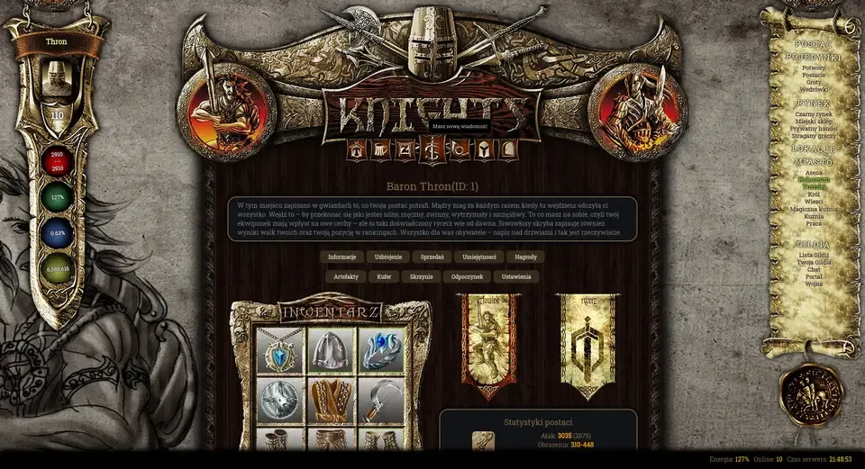 Knights game screen showing a warrior, equipment and an ornate interface.