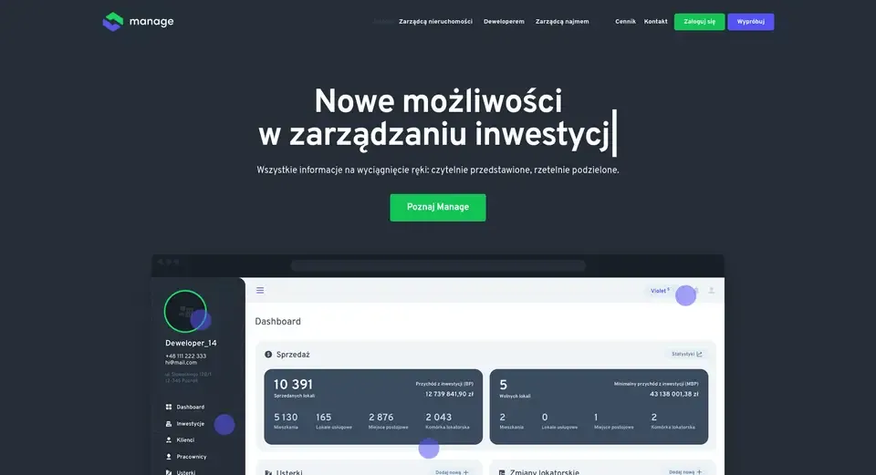Manage website showing its introduction and an application dashboard preview.