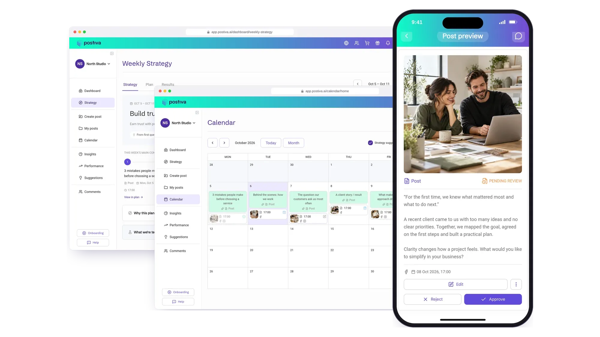 POSTIVA on desktop and mobile: the weekly strategy and calendar of planned posts, with a post awaiting approval on a phone.