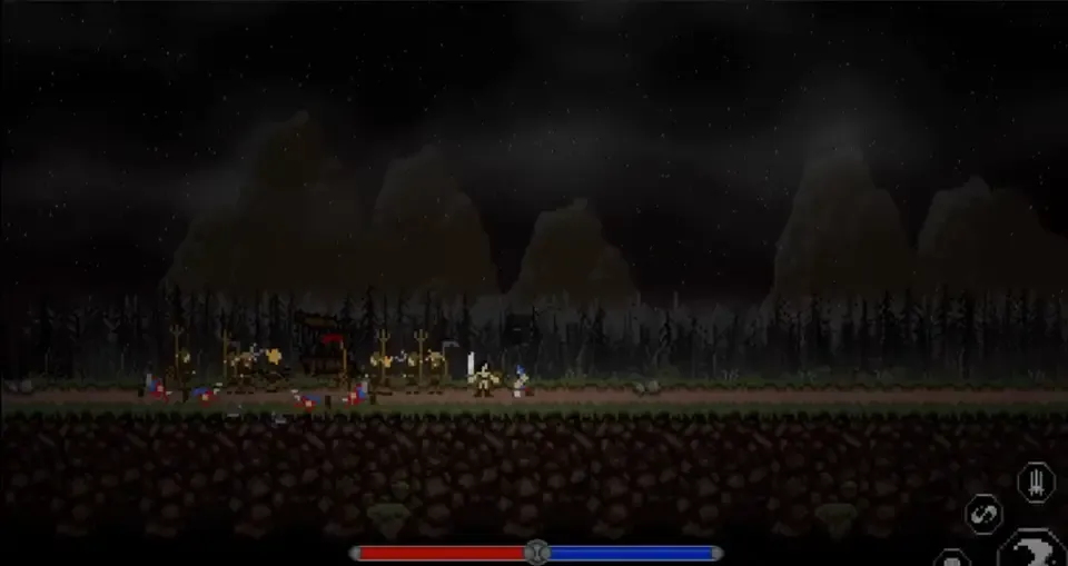 Slavs 2D game scene with characters in a forest and an interface bar.
