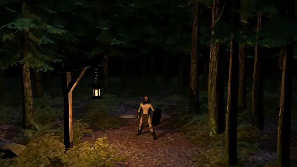 Slavs 3D game scene with a character on a forest path.
